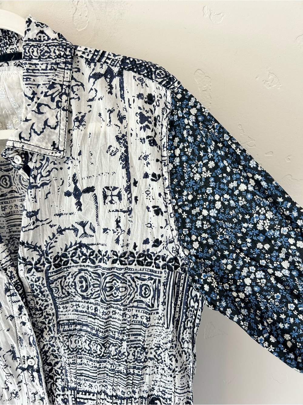 Cino Indigo Patchwork Cotton Print Bohemian Button Down Sz XL Boyfriend Shirt - Picture 3 of 8